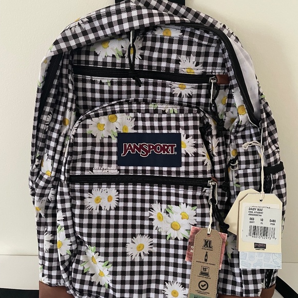 JanSport Black & White Checked Backpack With Daisy - Picture 1 of 7